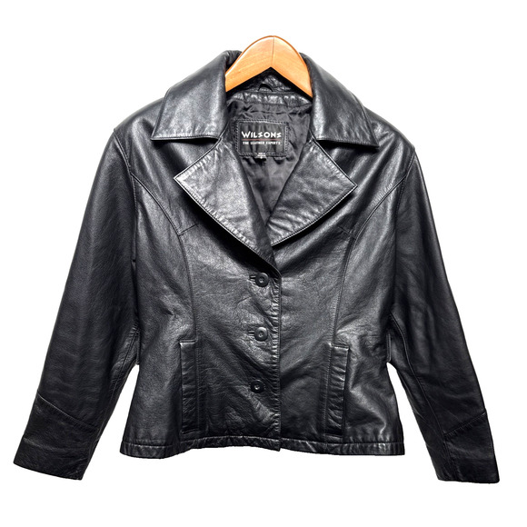 Y2K Wilsons Black Leather Jacket Women's Size Small Button Front Short Length - Picture 1 of 11
